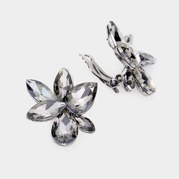 Marquise Teardrop Black Diamond Crystal Cluster Clip on Silver Earrings - Picture 1 of 5